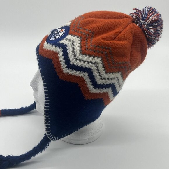 Edmonton Oilers Beanie Trapper Hat Winter Ski Tassels Old Time Hockey Knit Cap - Picture 6 of 10